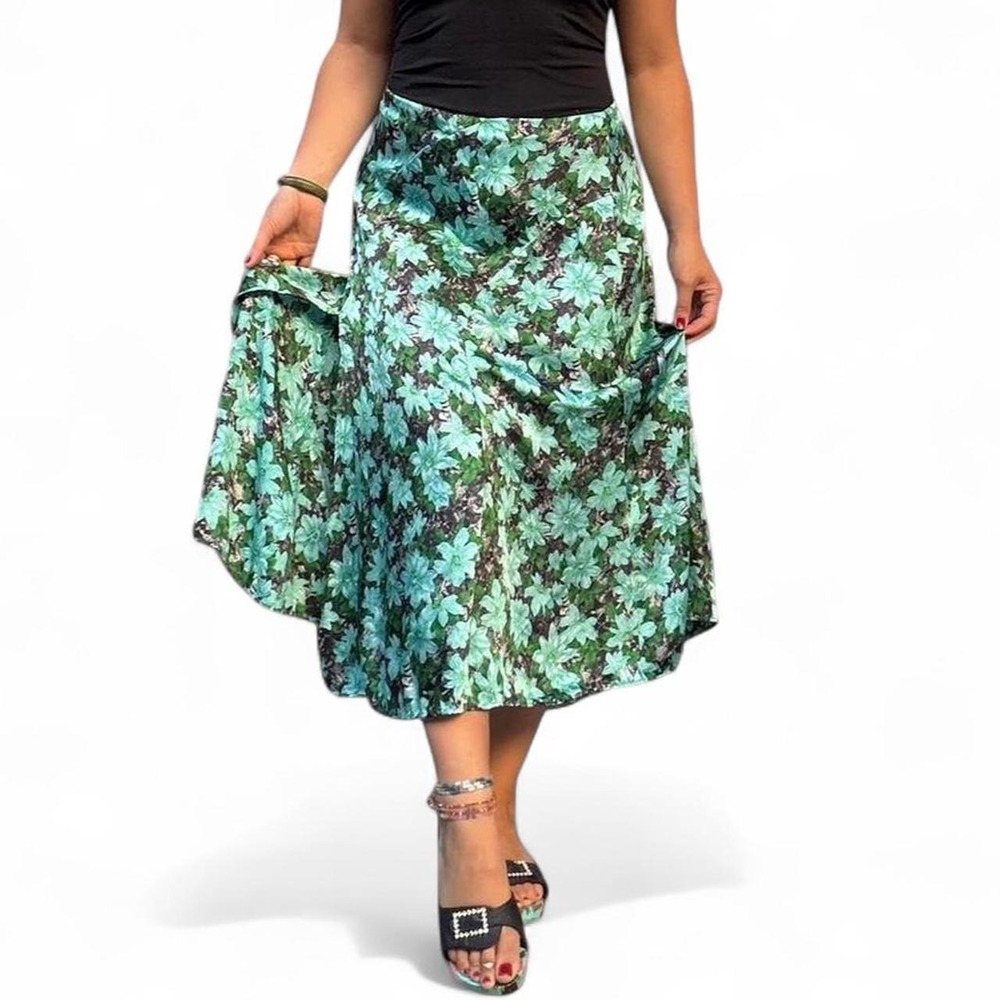 Zara Teal Blue Floral Silky Fairy Midi Slip Skirt Side Slit XL